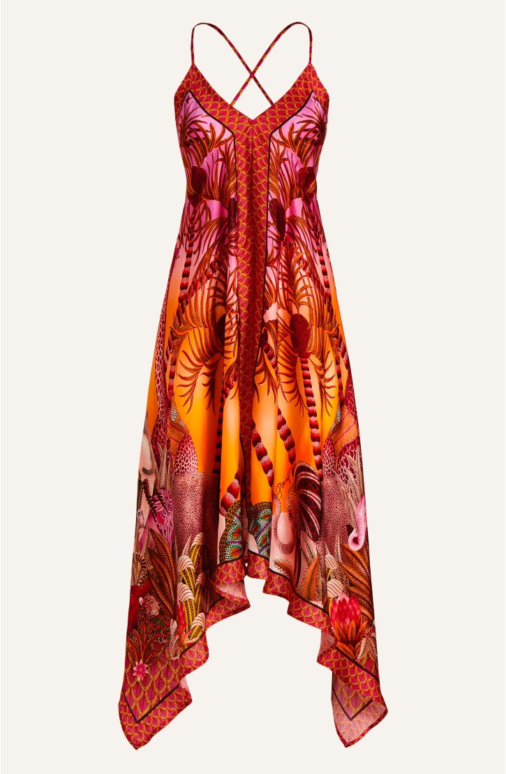 Palm Paradise Viscose Satin Foulard Dress