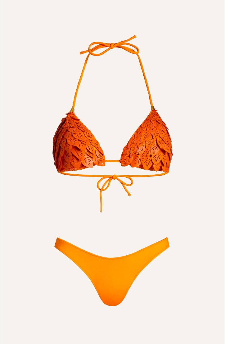 Padded Triangle Bikini Laser Leaves Eco-Leather Solid Color