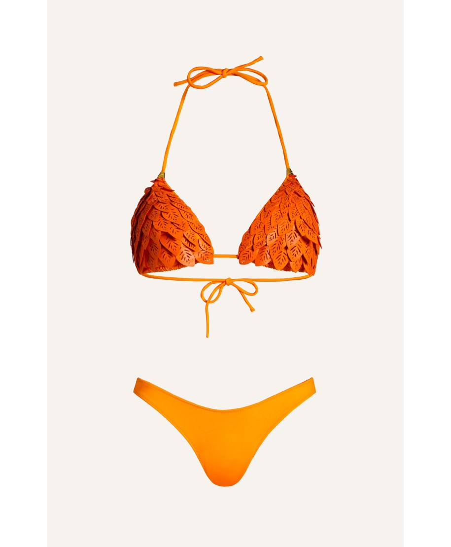 Padded Triangle Bikini Laser Leaves Eco-Leather Solid Color
