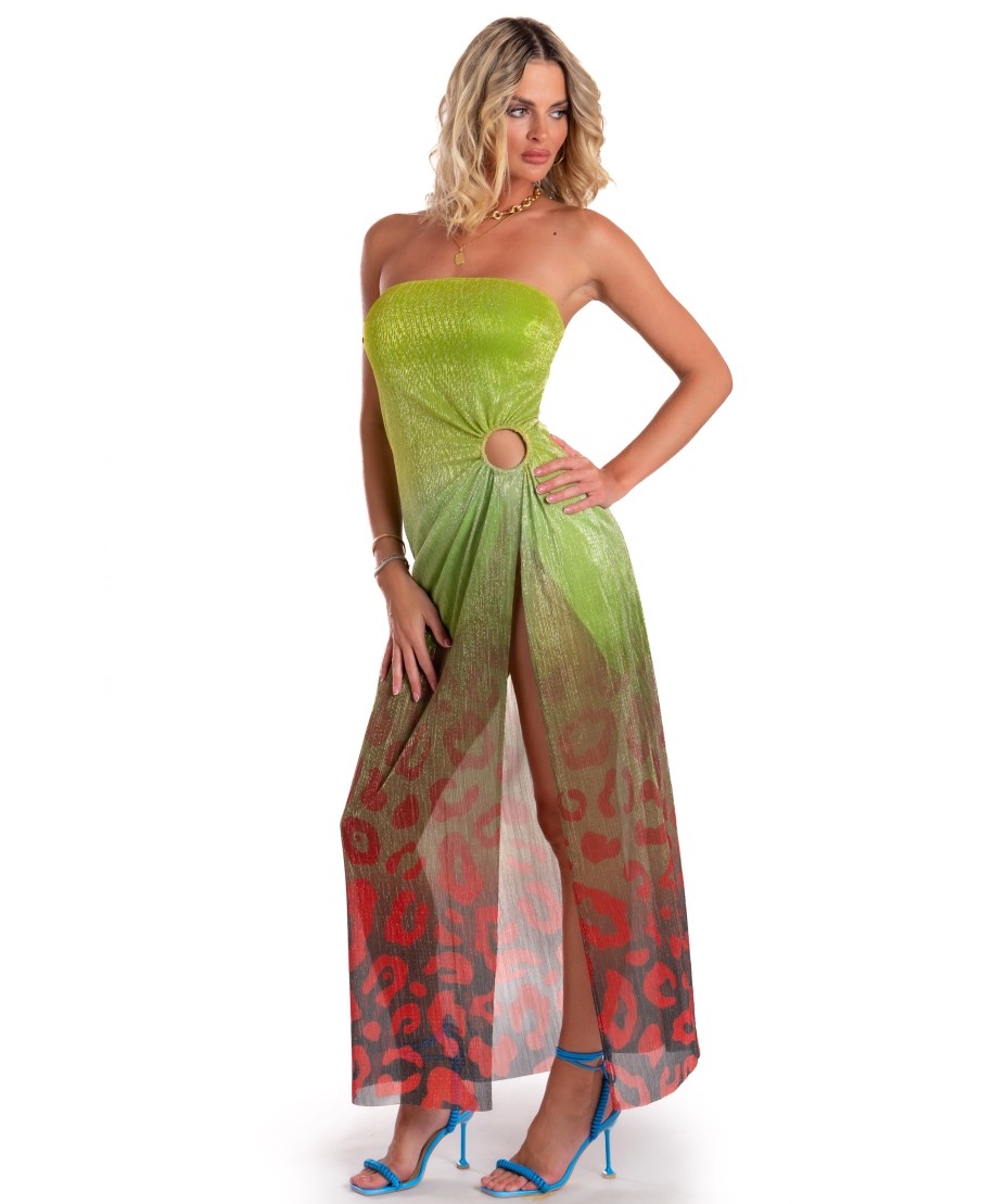 Off-Shoulders Long Dress With Anella Crepon Lamé Print Macula Degradé