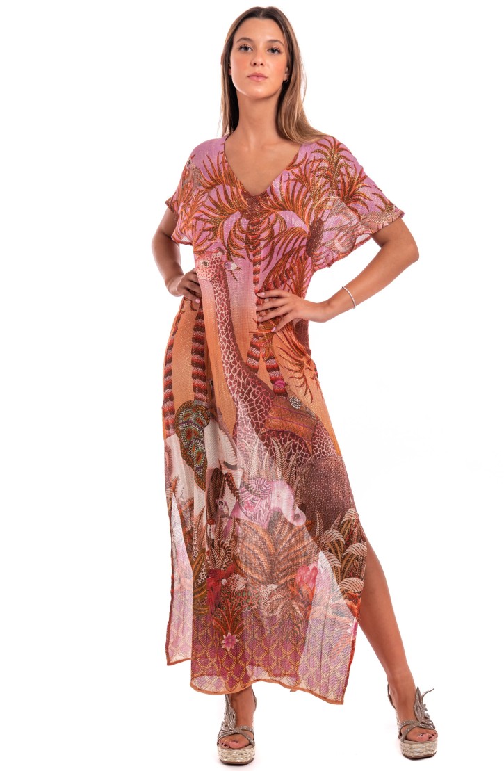 Palm Paradise Cotton Laminated Gauze Long Dress