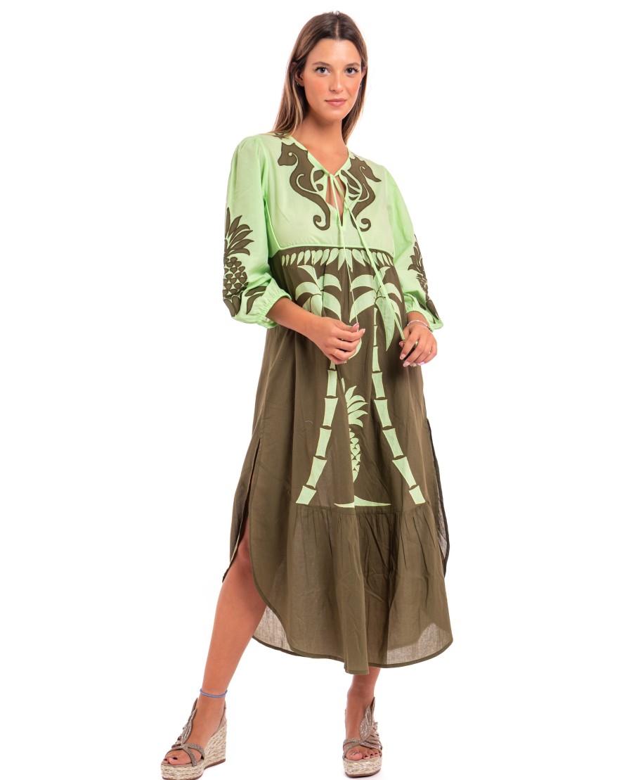 Pineapple Patch Cotton Long Sleeve Embroidered Dress