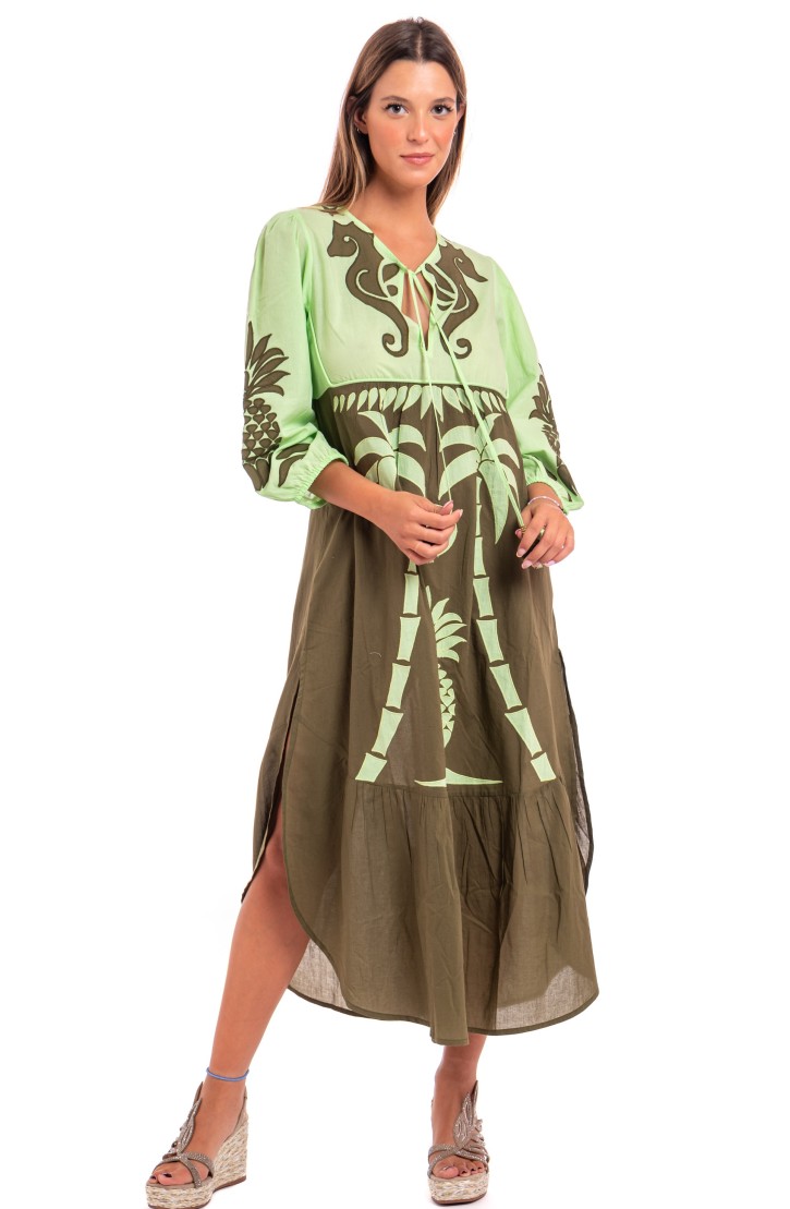 Pineapple Patch Cotton Long Sleeve Embroidered Dress