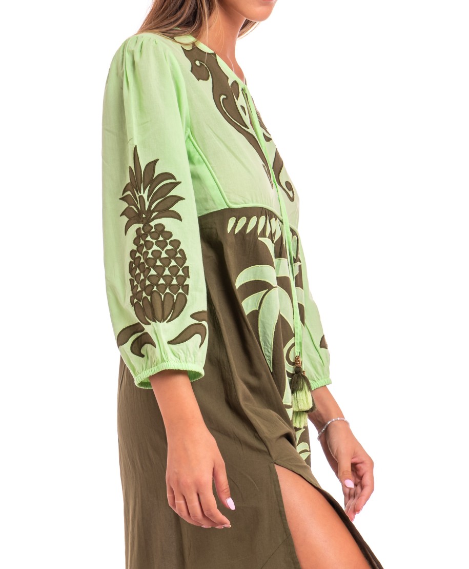 Pineapple Patch Cotton Long Sleeve Embroidered Dress