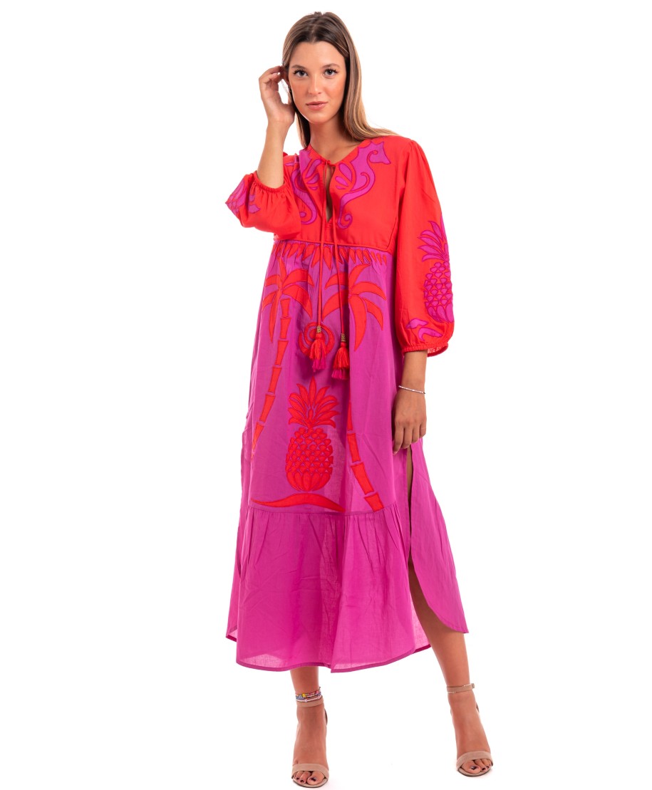 Pineapple Patch Cotton Long Sleeve Embroidered Dress