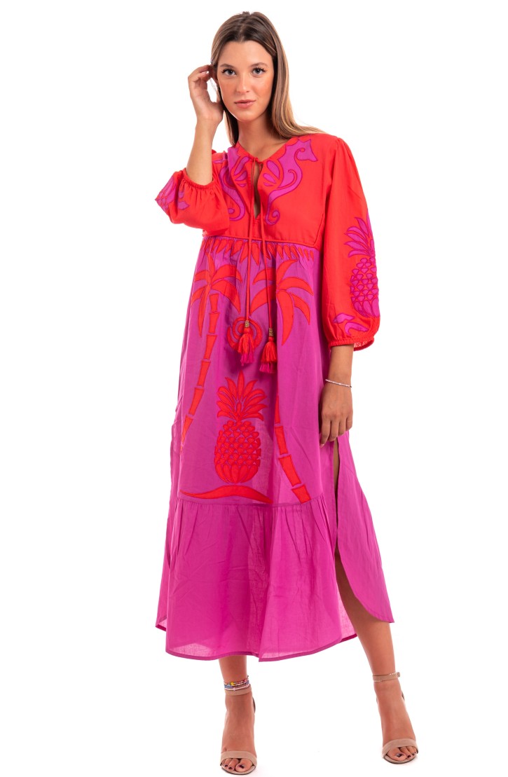 Pineapple Patch Cotton Long Sleeve Embroidered Dress