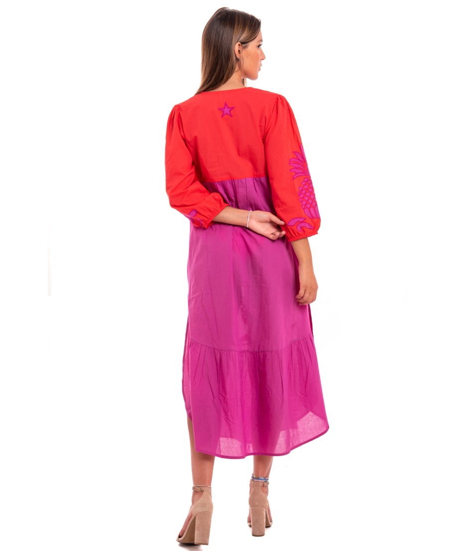 Pineapple Patch Cotton Long Sleeve Embroidered Dress