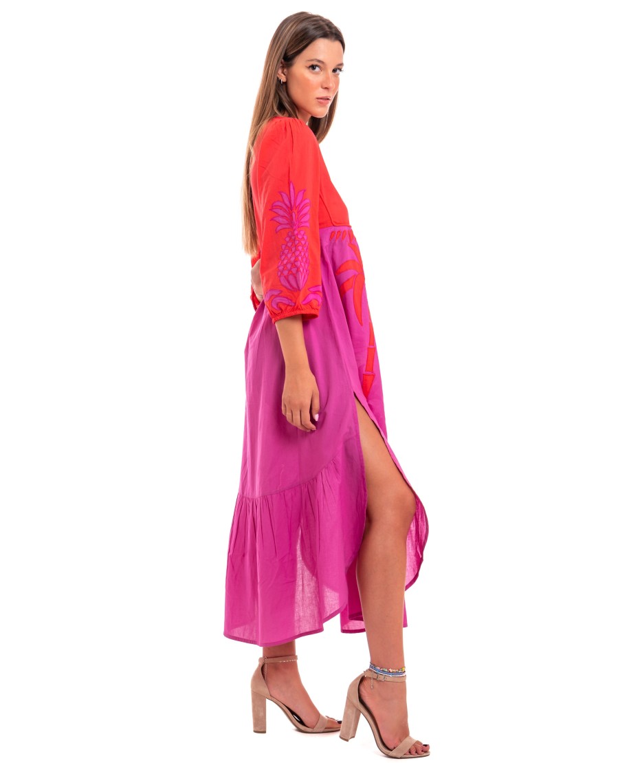 Pineapple Patch Cotton Long Sleeve Embroidered Dress