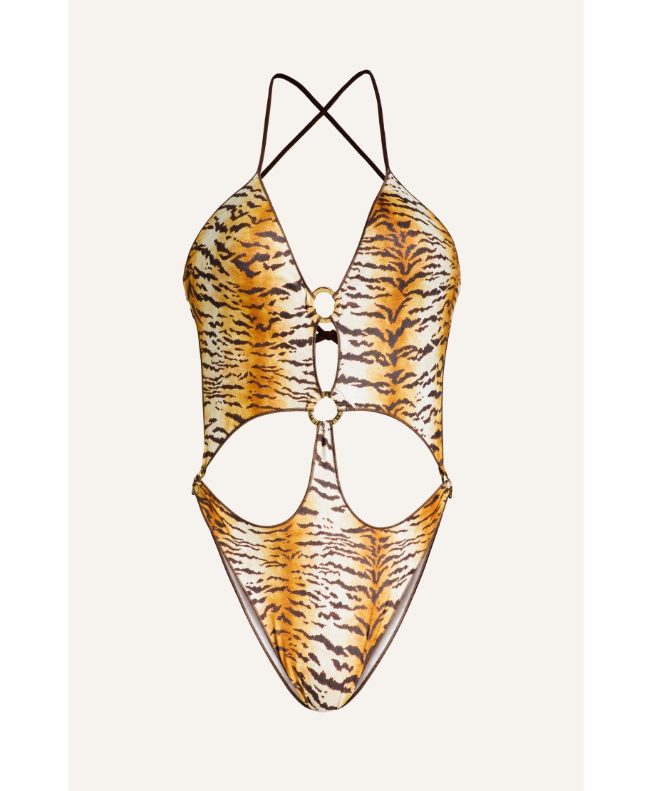 One-piece Swimsuit With Tiger Print Rings