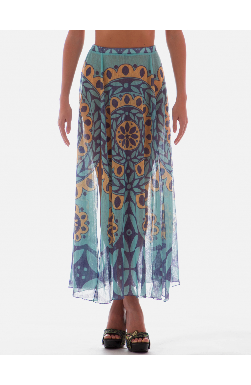 Gonna Lunga con spacchi in Micro-Tulle stampa Maiolica