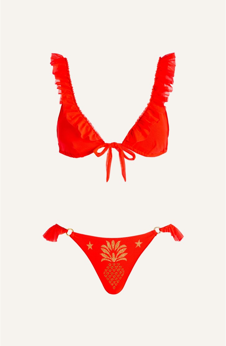 Sailing Triangle Bikini With Rouge Tulle Pineapple Print Lurex
