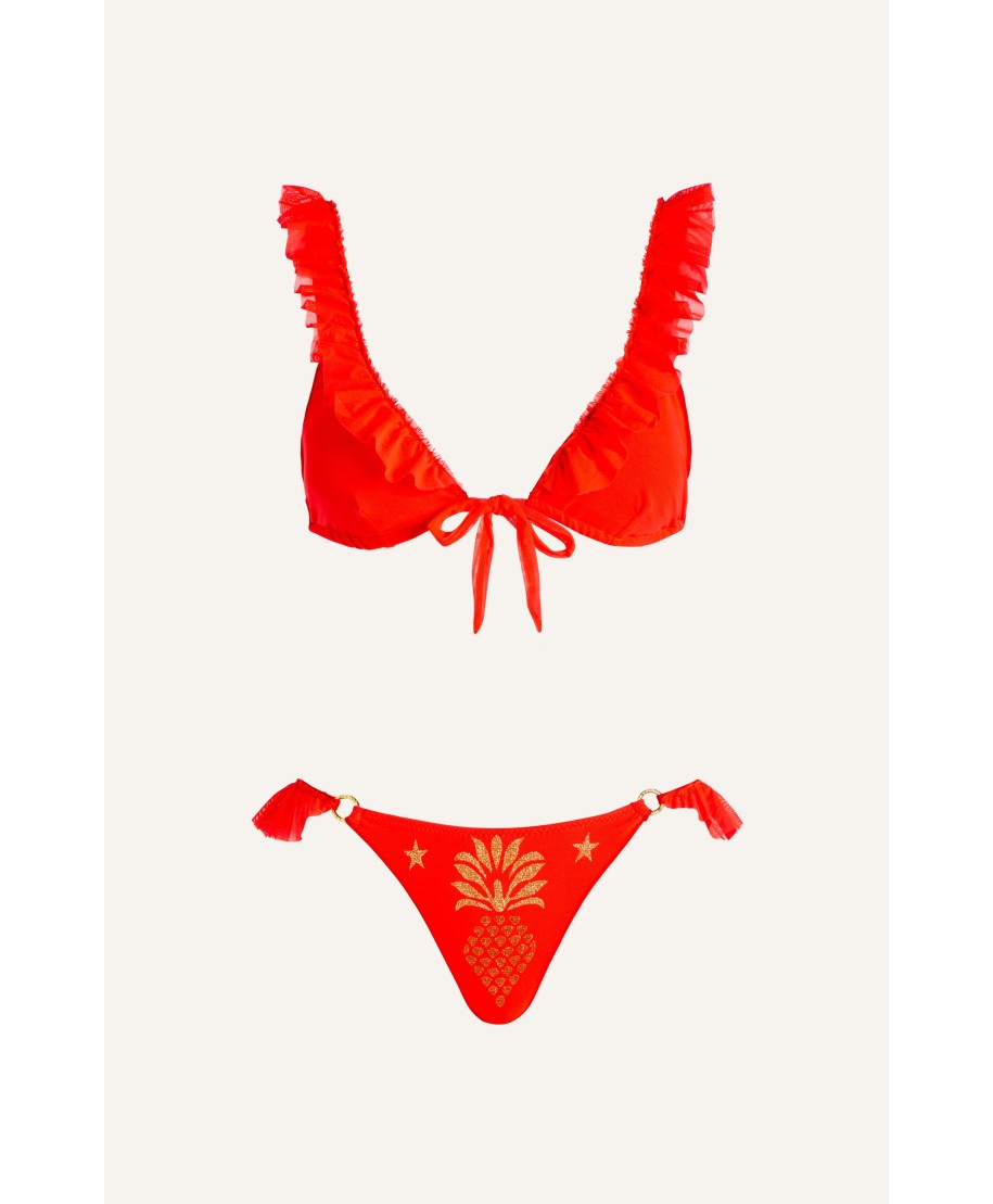 Sailing Triangle Bikini With Rouge Tulle Pineapple Print Lurex