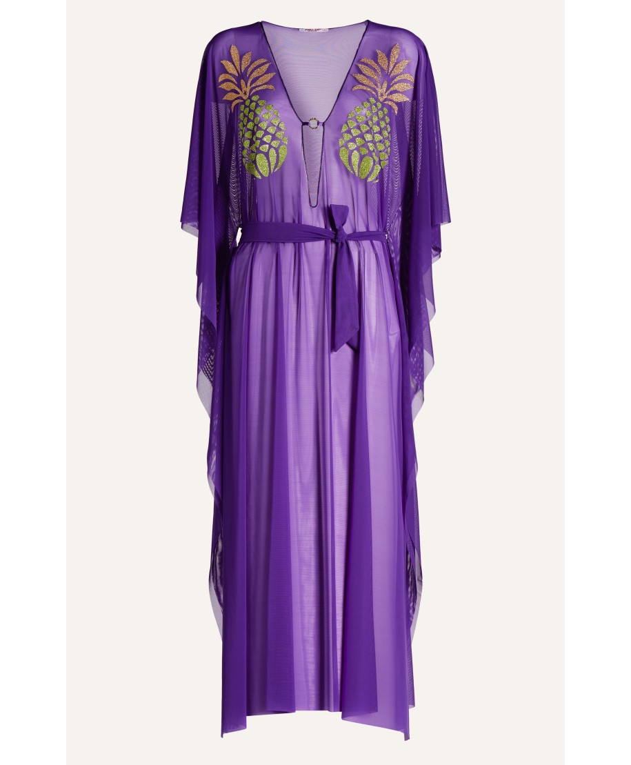 Tulle Caftan With Lurex Pineapple And Lycra Strap