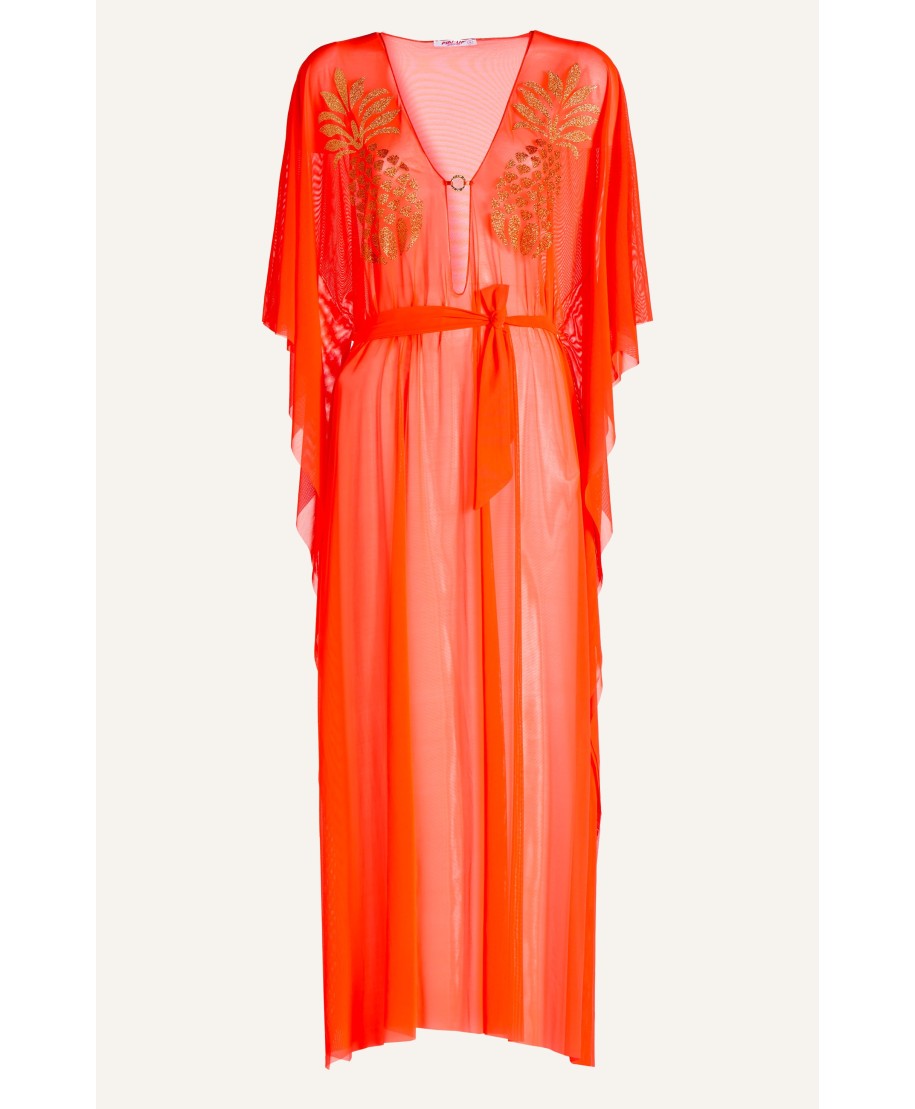 Tulle Caftan With Lurex Pineapple And Lycra Strap