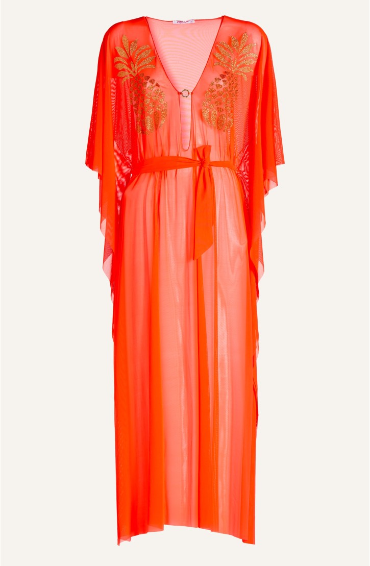 Tulle Caftan With Lurex Pineapple And Lycra Strap