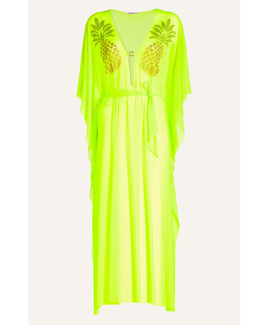 Tulle Caftan With Lurex Pineapple And Lycra Strap