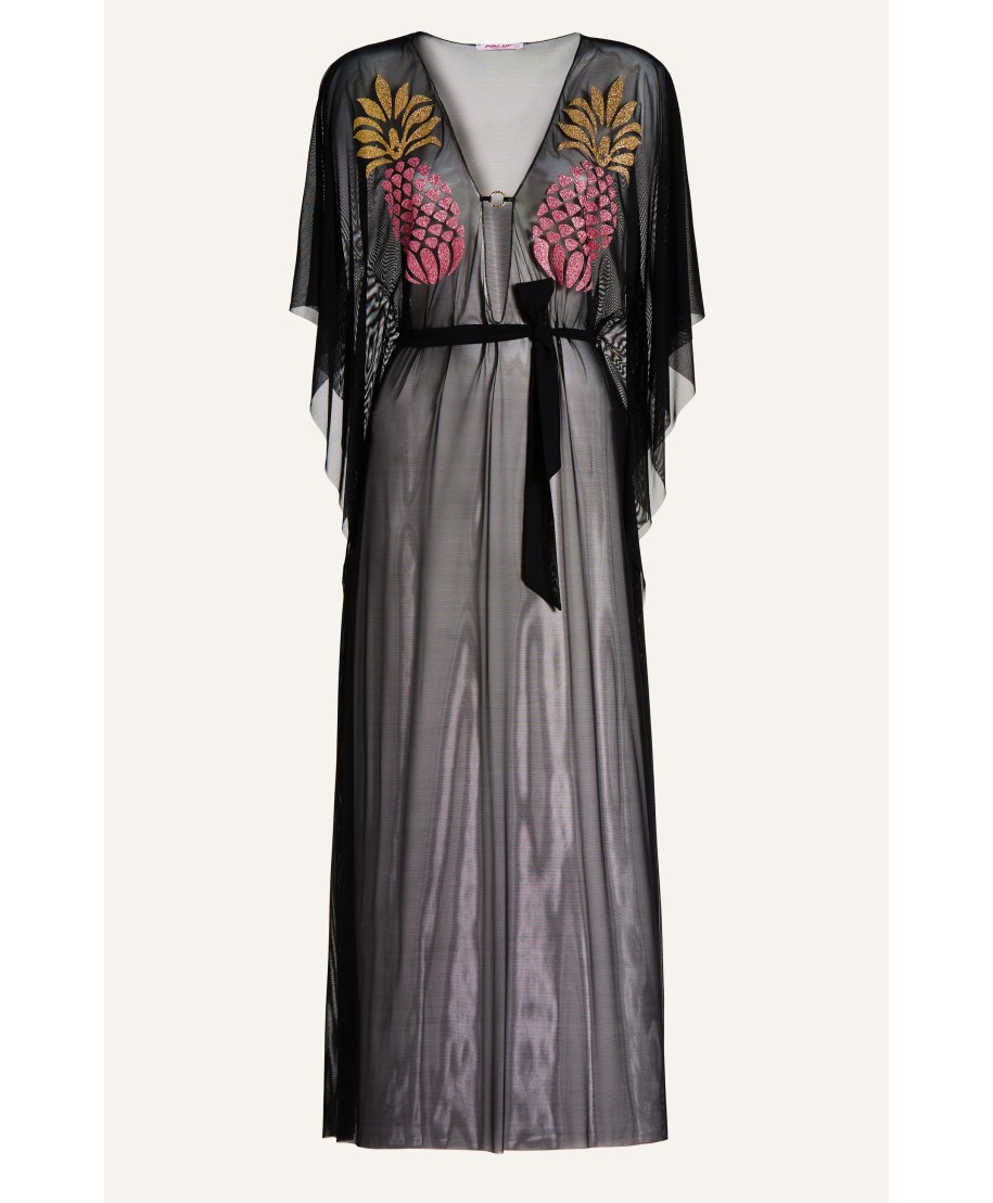 Tulle Caftan With Lurex Pineapple And Lycra Strap