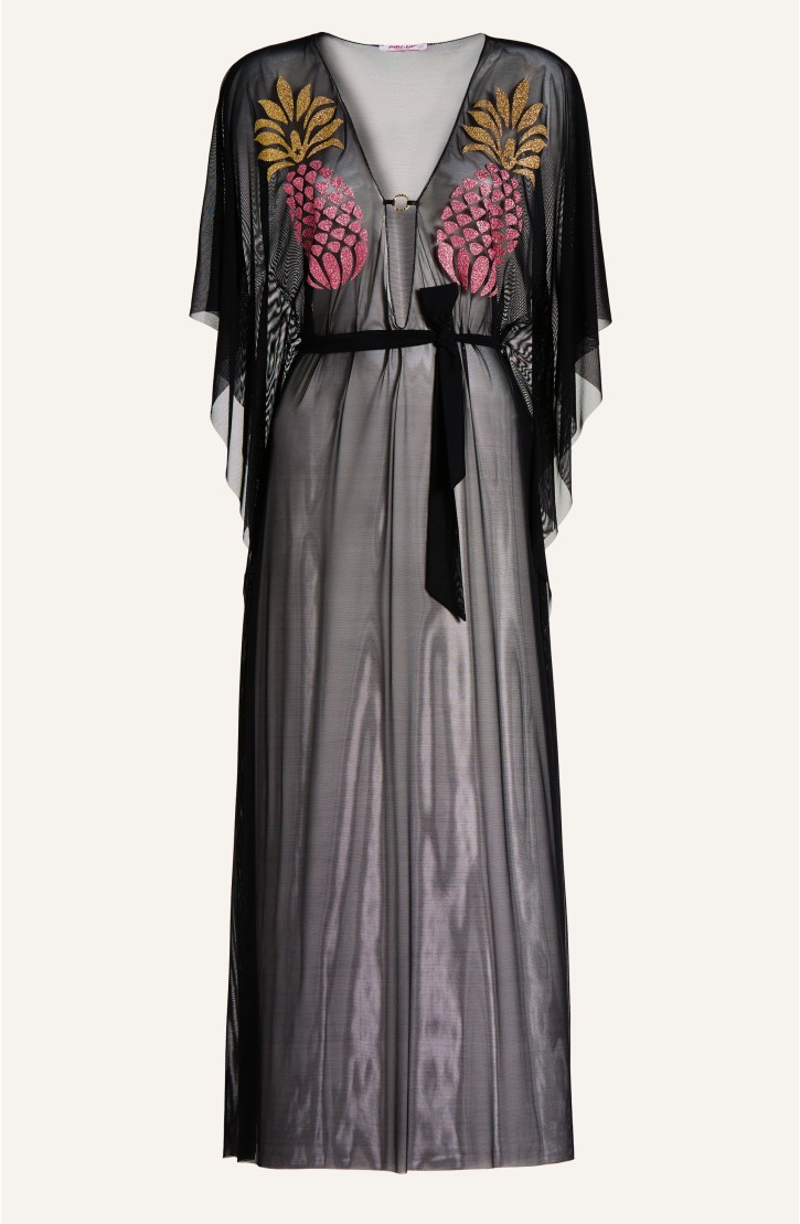 Tulle Caftan With Lurex Pineapple And Lycra Strap