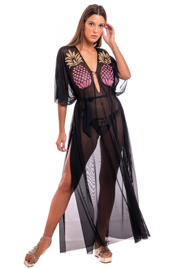 Tulle Caftan With Lurex Pineapple And Lycra Strap