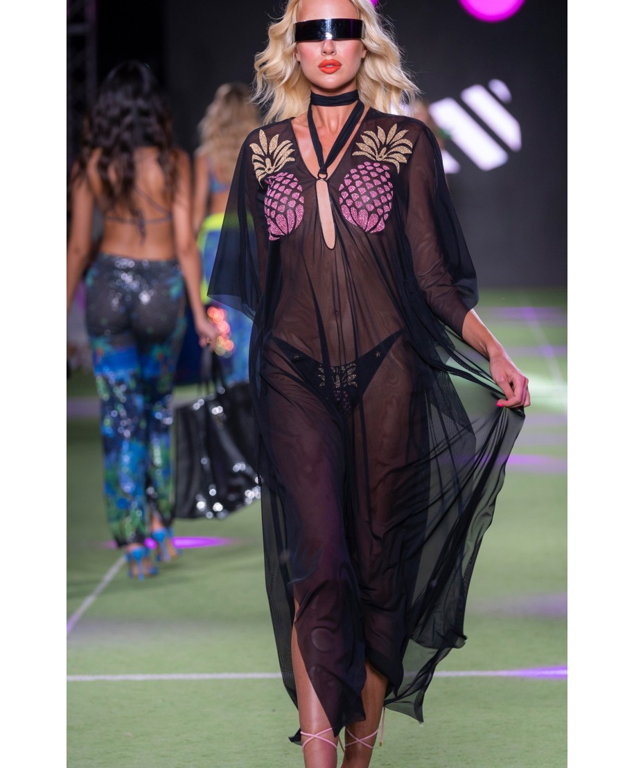 Tulle Caftan With Lurex Pineapple And Lycra Strap