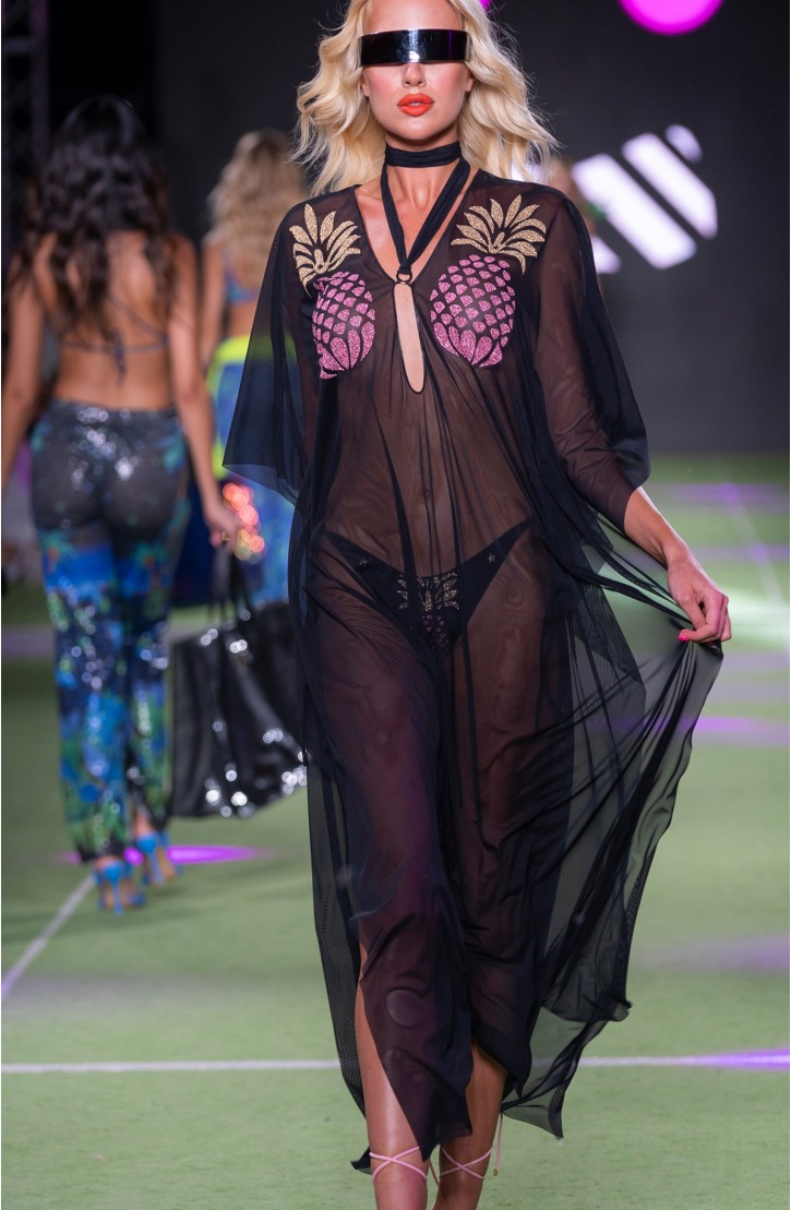 Tulle Caftan With Lurex Pineapple And Lycra Strap