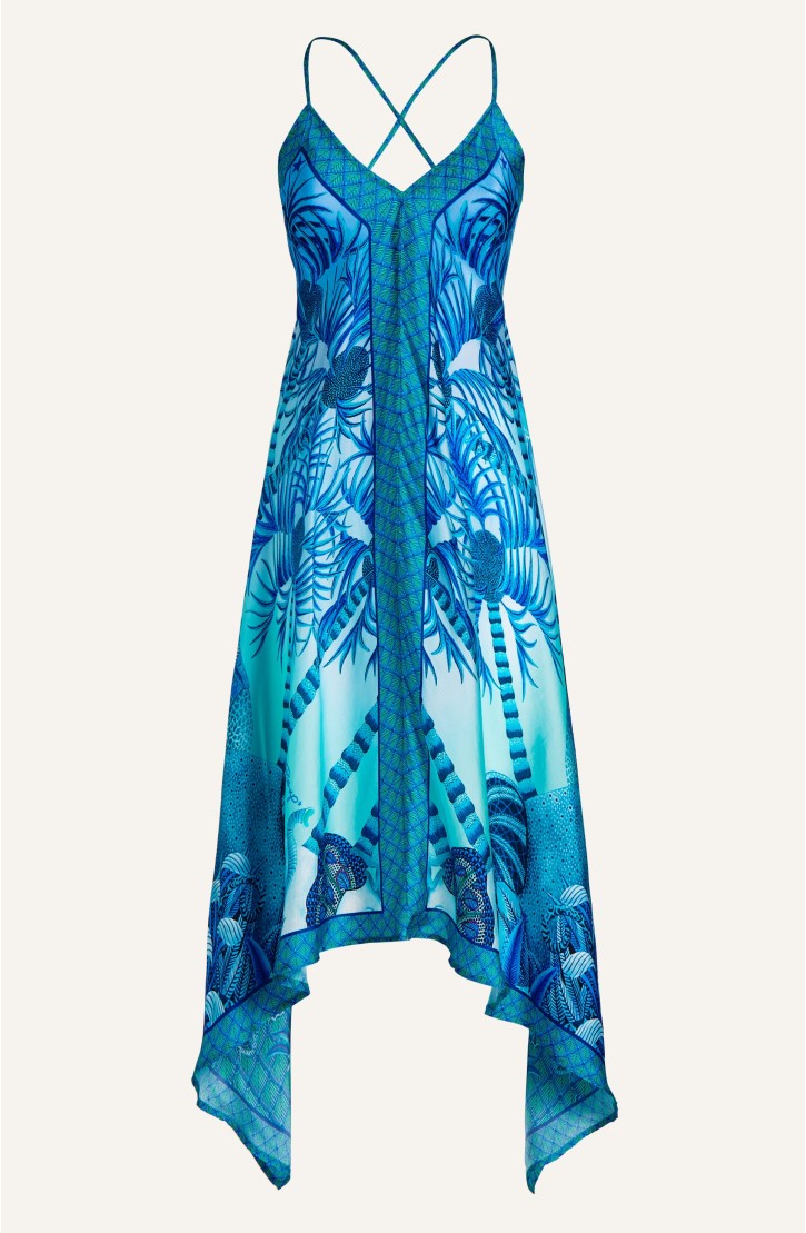 Palm Paradise Viscose Satin Foulard Dress