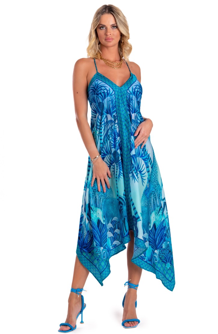 Palm Paradise Viscose Satin Foulard Dress