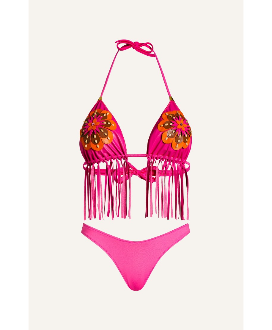Triangle Bikini Padded Fringed Alcantara And Flower Embroidered
