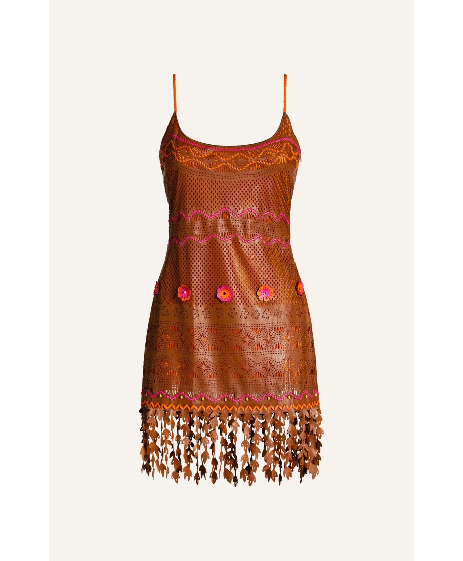 Eco-Leather Dress Flower Embroidery And Laser Cuts