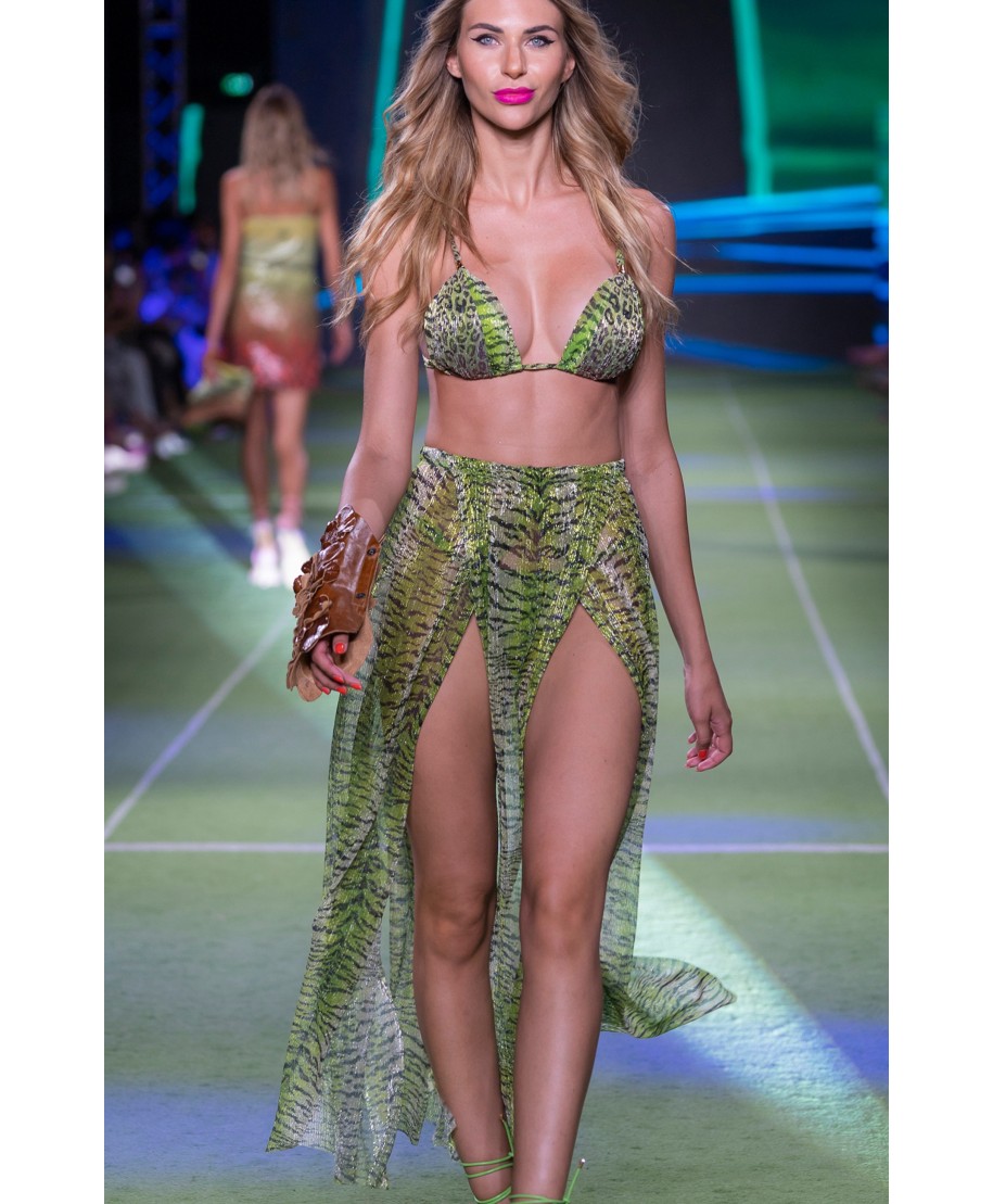 Lamé Crepon Skirt With Tiger Print Slits