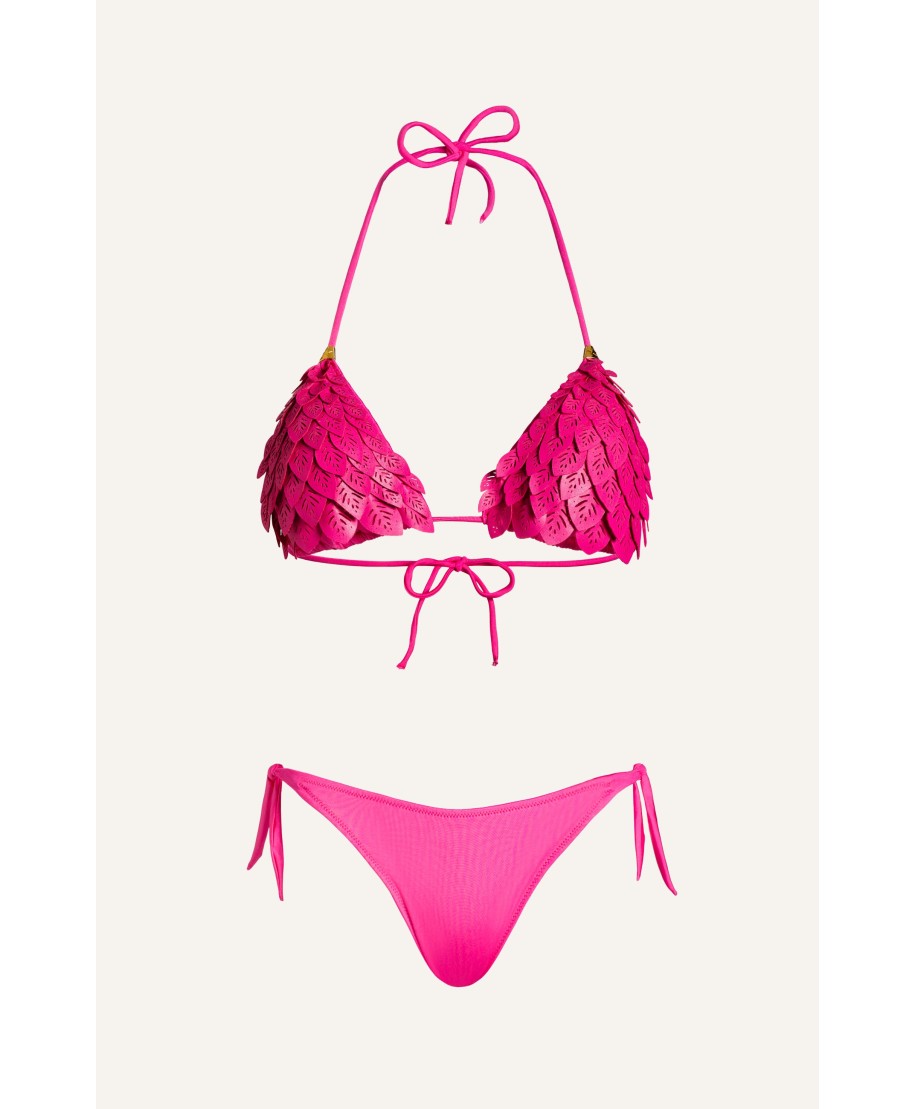 Padded Triangle Bikini Laser Leaves Eco-Leather Solid Color