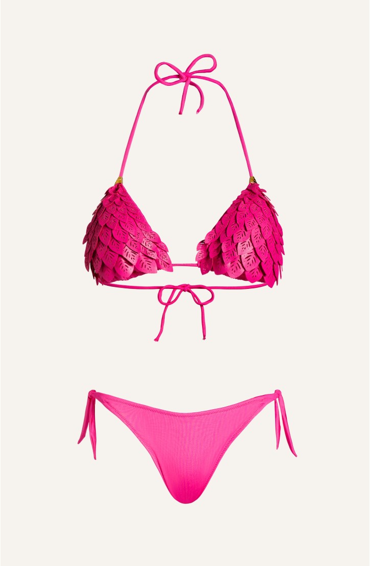Padded Triangle Bikini Laser Leaves Eco-Leather Solid Color