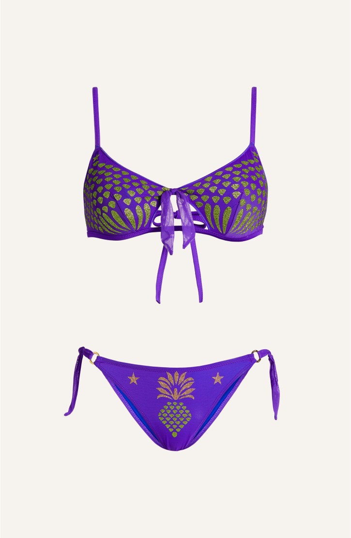 Bikini Bandeau Tulle Pineapple Print Lurex