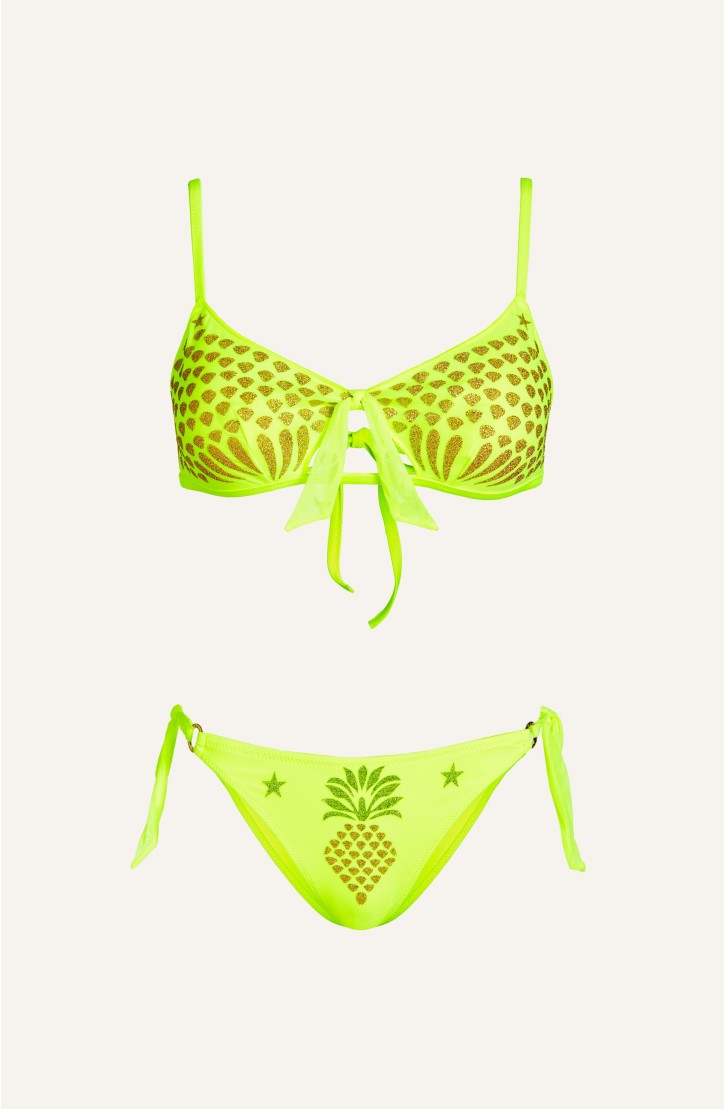 Bikini Bandeau Tulle Pineapple Print Lurex