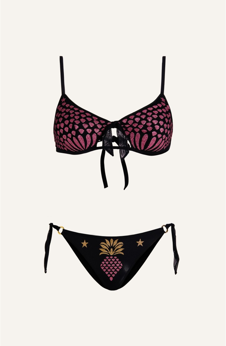 Bikini Bandeau Tulle Pineapple Print Lurex