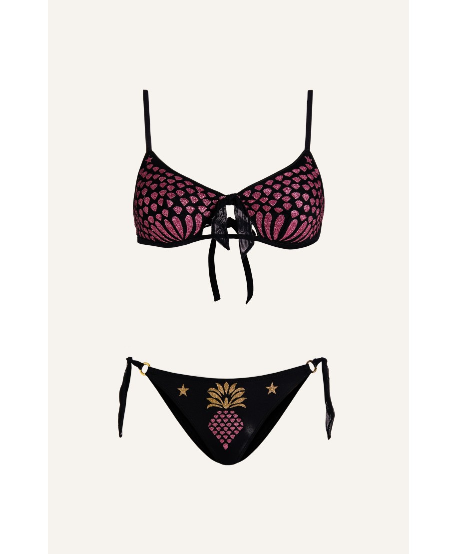 Bikini Bandeau Tulle Pineapple Print Lurex