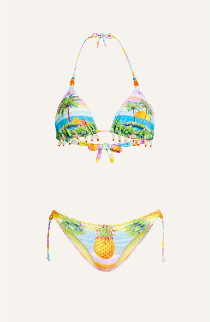 Padded Triangle Bikini Shells Embroidery Hawaii Print Ribbed Fabric