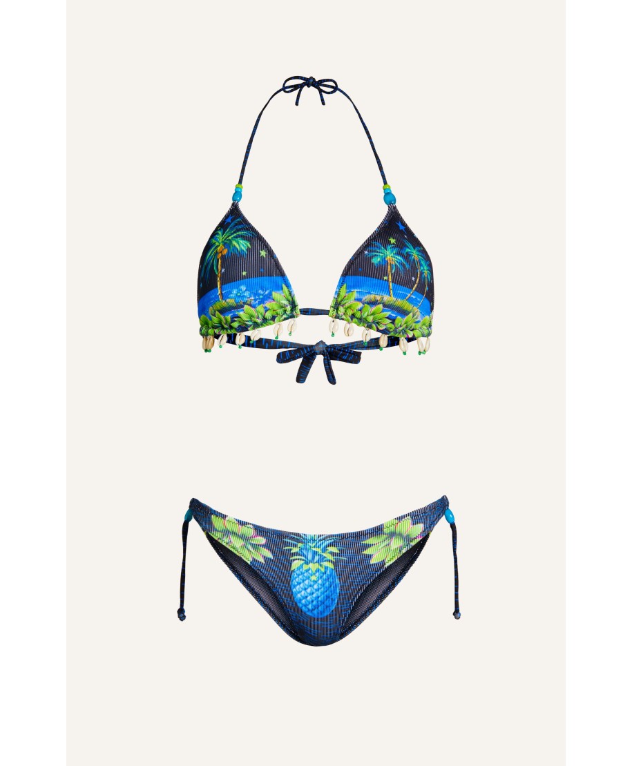 Padded Triangle Bikini Shells Embroidery Hawaii Print Ribbed Fabric