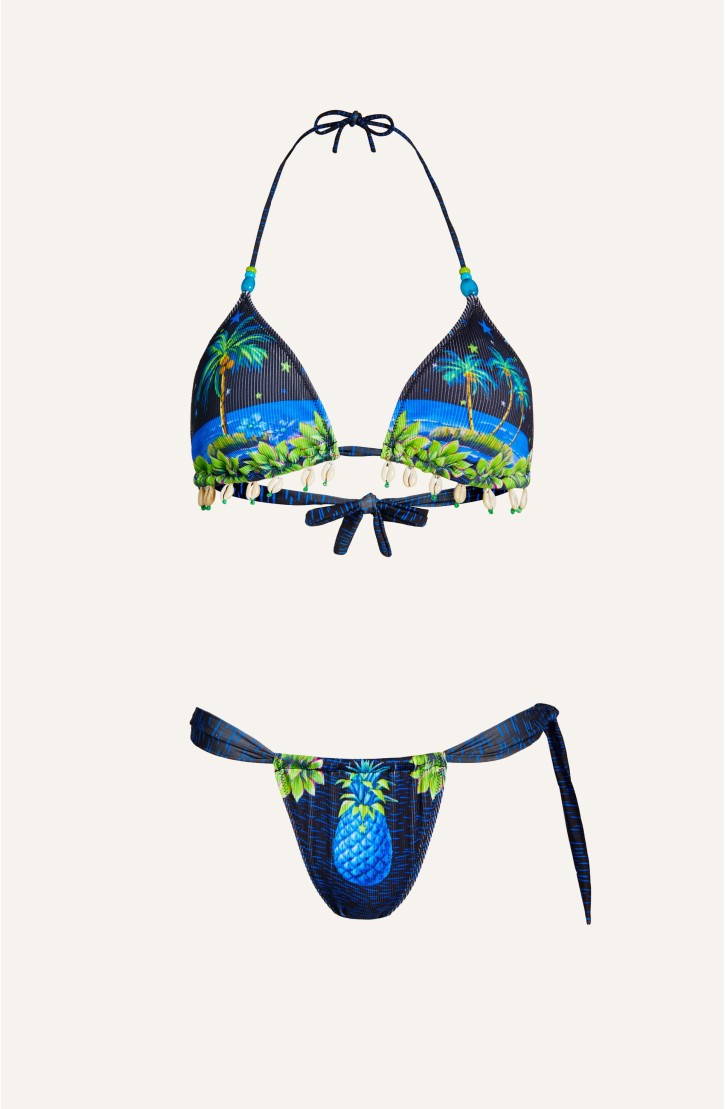 Padded Triangle Bikini Shells Embroidery Hawaii Print Ribbed Fabric