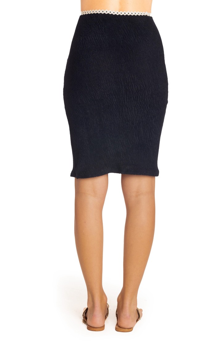 EMBOSSED PENCIL SKIRT WITH TRIMMINGS SOLID COLOR