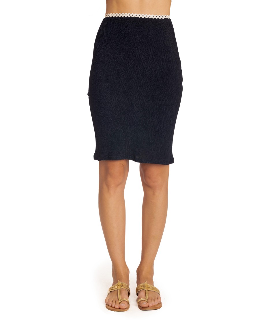 EMBOSSED PENCIL SKIRT WITH TRIMMINGS SOLID COLOR
