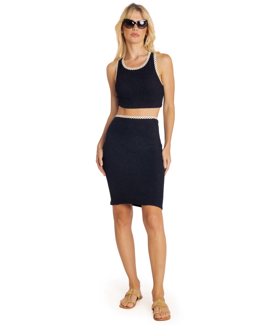 EMBOSSED PENCIL SKIRT WITH TRIMMINGS SOLID COLOR