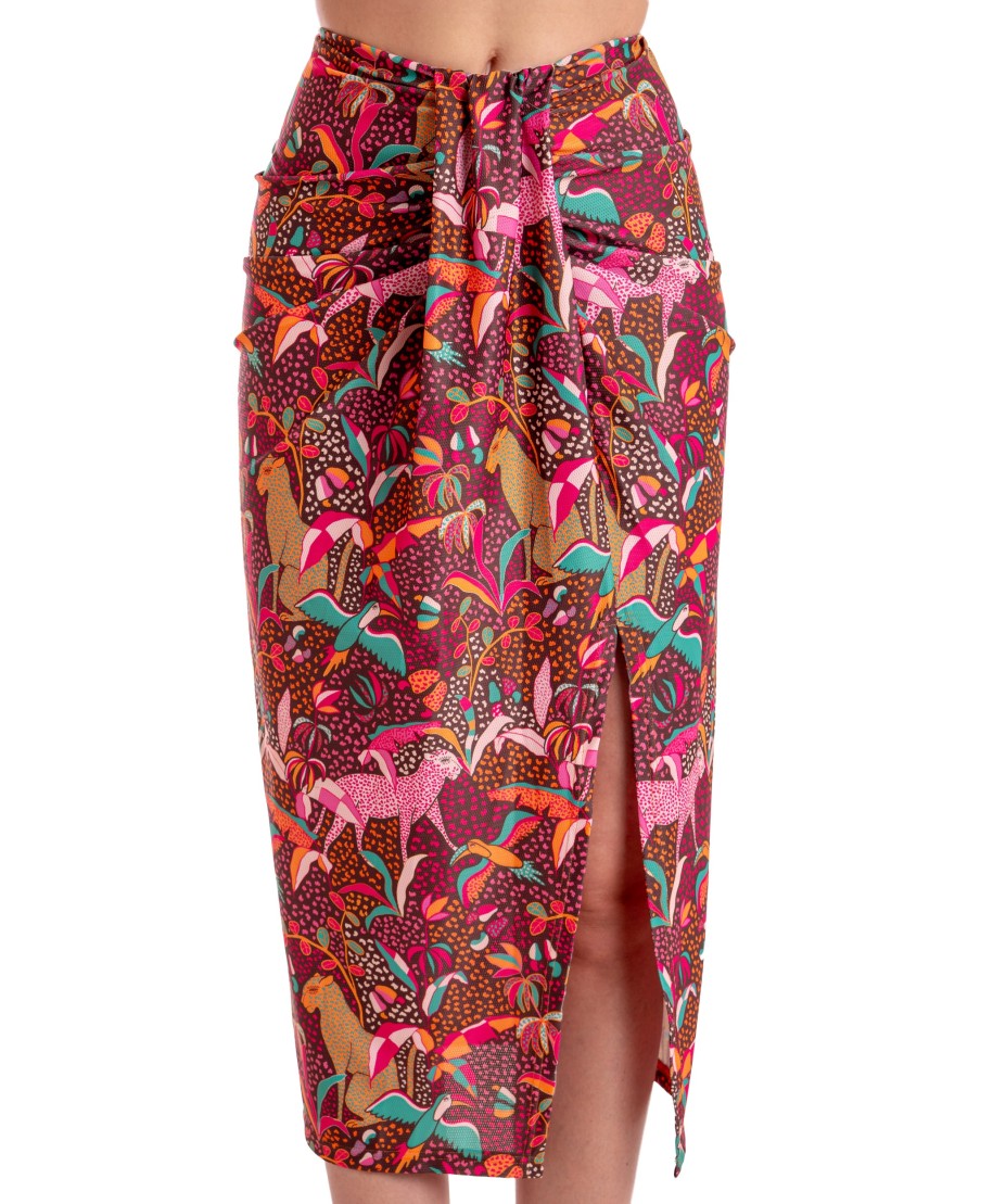 LONGUETTE SKIRT WITH SLIT TROPICAL PRINT