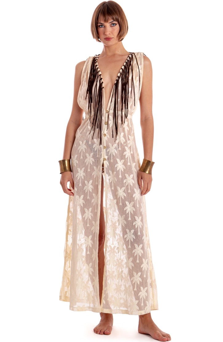 Long Gilet Dress Palm Embroidery