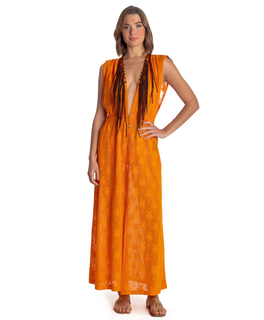 Long Gilet Dress Palm Embroidery