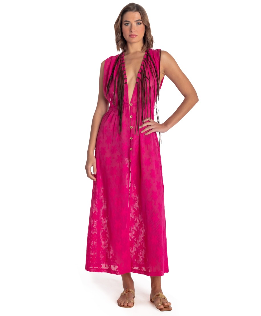 Long Gilet Dress Palm Embroidery