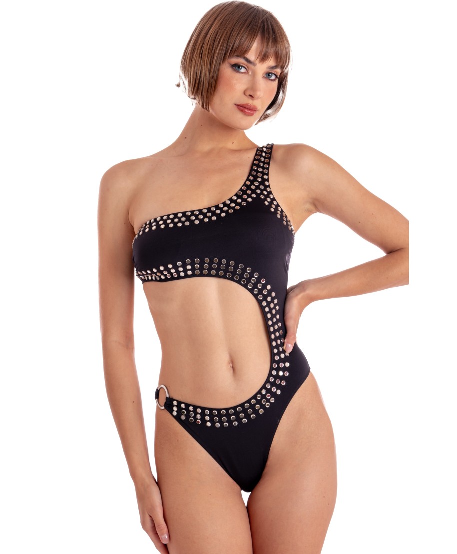COSTUME DA BAGNO INTERO IMBOTTITO MONOSPALLA CON CRISTALLI SPECCHIETTI