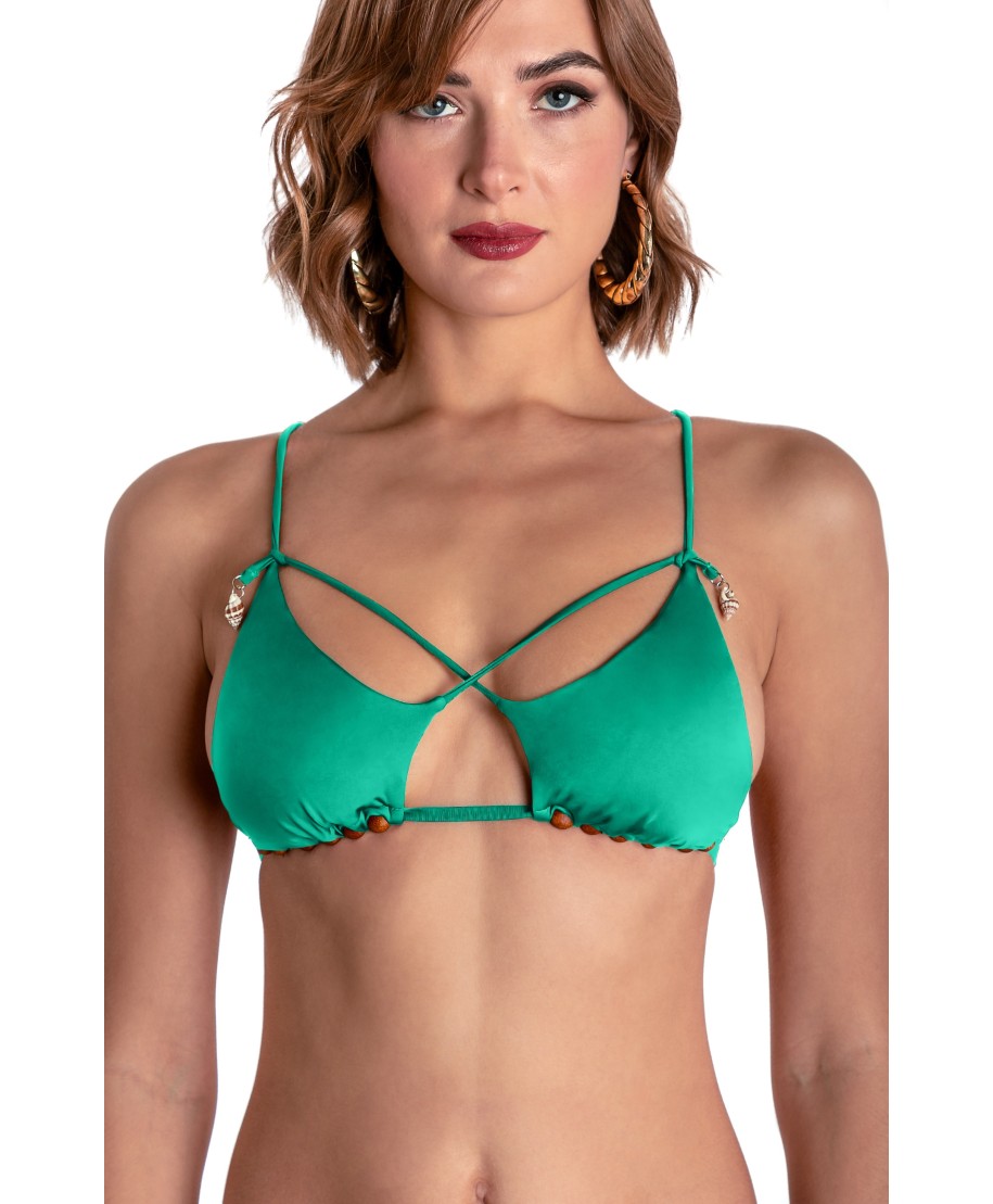 TOP BIKINI TRIANGOLO IMBOTTITO CON PERLE E CONCHIGLIE TINTA UNITA