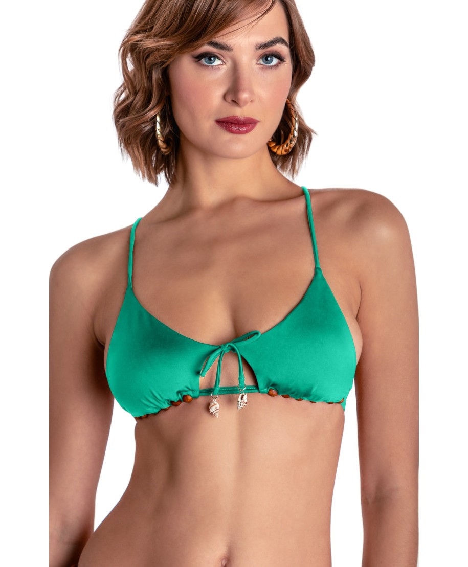 TOP BIKINI TRIANGOLO IMBOTTITO CON PERLE E CONCHIGLIE TINTA UNITA