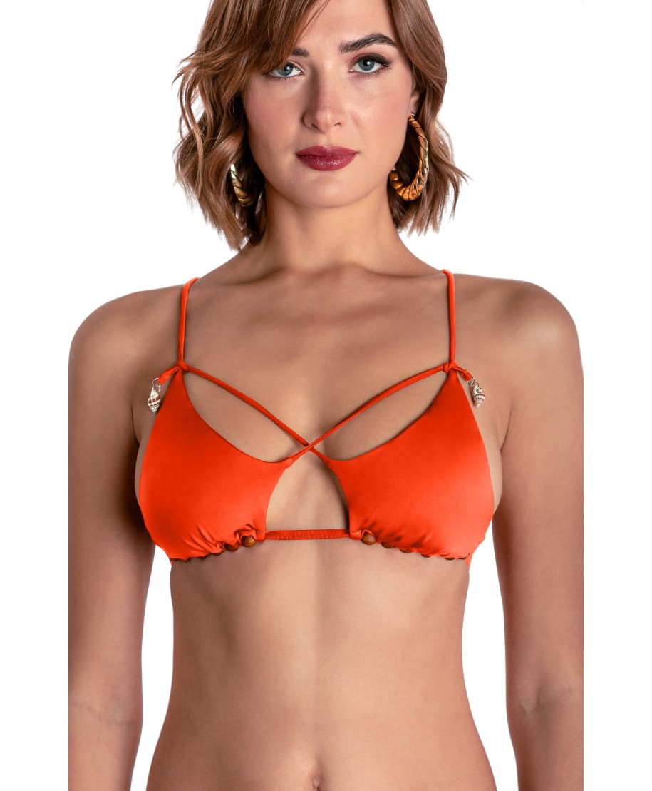 TOP BIKINI TRIANGOLO IMBOTTITO CON PERLE E CONCHIGLIE TINTA UNITA
